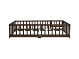 Full Size Floor Bed with Fence and Door,Rubber Wood Floor Bed with Safety Guardrails,Espresso W504P429302