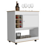 Lotus Bar Cart, Six Bottle Cubbies, One Cabinet, Four Casters, Light Oak / White B097133069