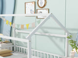 Twin Size House Floor Wooden Bed with Roof Frame,Safety Guardrails,White W504P286403