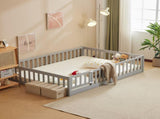 Gray painted pine wood playpen bed with door and board, full-size children's wooden bed 45176217
