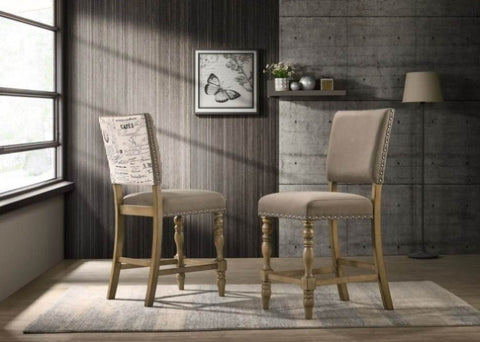 ZUN Birmingham Script Printed Driftwood Finish Counter Height Dining Chair with Nail head, Set of 2 T2574P165120