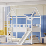 House Bunk Bed with Convertible Slide and Ladder, Floor Bunk Bed Twin Over Twin with Safety W1858P241095
