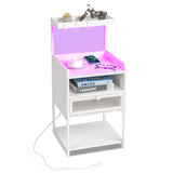 ZUN FCH White Wood Steel 1 Drawer Shelf LED Light Strips Nightstand With Socket With Charging Station & 84109927