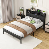Full Size Bed Frame with Storage Headboard, Metal Platform Bed with Charging Station, Bookcase W840P241043