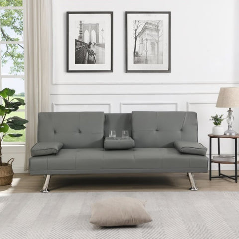 ZUN Sofa Bed with Armrest two holders WOOD FRAME, STAINLESS LEG, FUTON GREY PVC W2297P247516