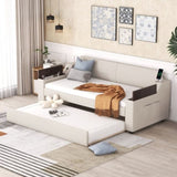 Twin Size Upholstery Daybed with Storage Arms, Trundle and USB Design, Beige 06512731