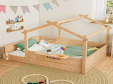 Full Size Floor Bed with Guardrails and Roof, Kids House Floor Bed with a Small Built-in Tray and W1580P396333