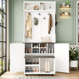 ON-TREND Farmhouse 4-in-1 Hall Tree with Barn Doors, Movable Bench with 7 Hanging Hooks and Shoe N721P205788K