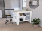 Kitchen Island, kitchen table 35" H, 3 Open Shelves, White/Macadamia B097133001