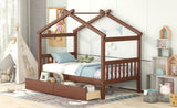 ZUN Twin Size Wooden House Bed with Drawers, Walnut 57552985
