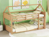 Twin Over Twin House Floor Bed with Headboards, Footboards and Guardrails, Ladder, Rubber Wood W504P227942