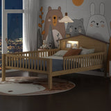 Full Size Wood Platform Bed with House-shaped Headboard, LED and Built-in Storage, Natural N709P184430M