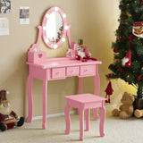 Kids Vanity Set with Mirror and Lights and Stool, 5 Storage Drawers, Pretend Play Princess Makeup 07602676