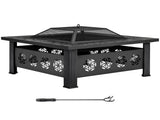 32 Inch Square Outdoor Wood Pit Table, Heavy Duty Wrought Iron Firepit with Pyramid 67409235