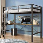 ZUN Twin Metal Loft Bed with L-Shaped Desk, Charging Station Loft Bed Frame Twin Size, Safety Guard & W2889P205074