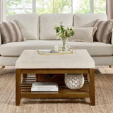 ZUN Upholstered Coffee Table Tufted Linen Large Square Ottoman with Beech Wood Shelf and Frame, W2353P183805