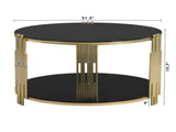 Modern Black Mirror Coffee Table, Asymmetrical Metal, Circular Metal Drum Base, Gold Finish & Lower N735P177478B