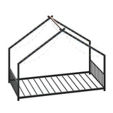 Twin size children's bed frame with LED light strips, roof-shaped iron frame bed, black,78.5" L x 49013984