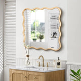 Solid Wood Wavy Square Mirror-Natural Wood 36" x 36" Modern Mirror Wall Decor for Bathroom, Bedroom, W1445P189618