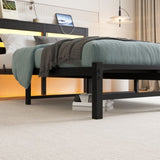 Full Size Metal Bed Frame with Wooden Headboard, RGB Lights, Outlets & Charger, Storage Shelf, W840P209906