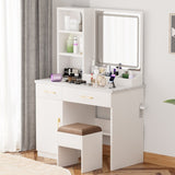 32'' Wide Makeup Vanity Desk with Lighted Mirror and Power Outlet, Dressing Table with Large Storage 13725973