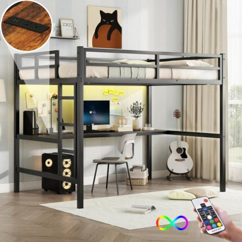 ZUN Metal Full Size Loft Bed with Power Outlet and LED Lighted, Space-Saving, Noise Reduced, Black W1307P192838