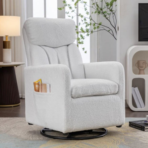 ZUN 022-Teddy Fabric Swivel Rocking Chair Gilder Chair With Pocket,White W527128337