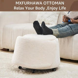 Storage Ottoman Foot Rest Round Footstool Teddy Velvet Footrest with Wheels Vanity Stool White 27021123