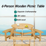 Outdoor 6 Person Picnic Table, 6 person Round Picnic Table with 3 Built-in Benches, Umbrella Hole, W2275P149762