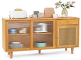 Natural Bamboo Sideboard Cabinet with Rattan Door, Sliding Door & Pull-Out Drawer, 5-Leg Rubber Wood 48150177