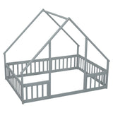 Full Wood House-Shaped Floor Bed with Fence, Guardrails,Grey W504P143293
