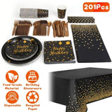 ZUN 201PCS Black Gold Birthday Party Supplies For 25 Guests Happy Birthday Disposable Dinnerware Set 83891803