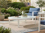 Modern Outdoor Oval Coffee Table with Tempered Glass Top, White Aluminum Frame, Weather-Resistant N767P389536A