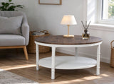 Round 2-Tier Wood Coffee Table, Dark Walnut Finish with Black Wood Grain, White Textured 27271682