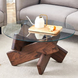 ZUN Round glass coffee table, 33.4" modern design unique coffee table. Tempered glass top with Walnut W1151P230572