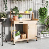Natural Wood Outdoor Potting Bench with Storage Cabinet,Sink and Faucet ,Hooks 83627467