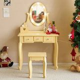 Kids Vanity Set with Mirror and Lights and Stool, 5 Storage Drawers, Pretend Play Princess Makeup 00124884
