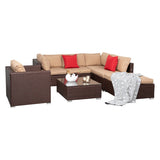 ZUN 7 Pieces Wood Grain Patio PE Wicker Rattan Corner Sofa Set 38435070