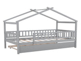 Twin Size Wooden House Bed with Twin Size Trundle, Gray 14298090