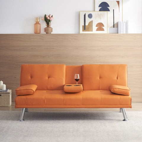 ZUN 67" Orange Leather Multifunctional Double Folding Sofa Bed for Office with Coffee Table W165878948