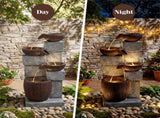 4-Tier Waterfall Fountain with LED Lights, Resin Fiberglass Outdoor Fountain with Adjustable Flow 94280886