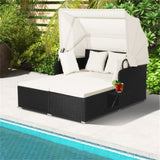 White Rattan Daybed Lounge W/ Retractable Top Canopy Side Tables Cushions 65135668