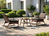3-Piece PE Wicker Patio Rocking Chair Set, Ergonomic Rocking Bistro Set with 2-Tier Side Table & 60814426