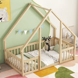 Twin Wood House-Shaped Floor Bed with Fence, Guardrails ,Natural W504P143291