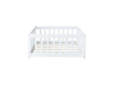Twin Size Floor Bed with Fence and Door,Rubber Wood Floor Bed with Safety Guardrails,White W504P296777