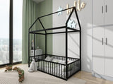 Twin Size Metal Bed House Bed Frame with Fence, for Kids, Teens, Girls, Boys, Black MF304315AAB