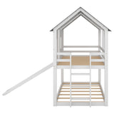 Twin over Twin House Bunk Bed with Slide and Windows,White 56897346
