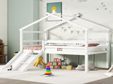 Twin Low Loft House Bed with Slide, Ladder, Safety Guardrails, House Roof Frame,White W504P145316