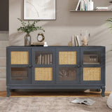 Retro 4-Door Sideboard with Large Storage Space Artificial Rattan Doors and Transparent Glass, W2696P256247