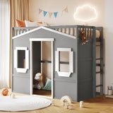 ZUN Twin Size House Loft Bed With Ladder-Gray+White Frame 72573303